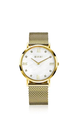 ZINZI Roman horloge witte parelmoer wijzerplaat stalen kast geelgoudkleurig stalen mesh band geelgoudkleurig 34mm extra dun ZIW548M