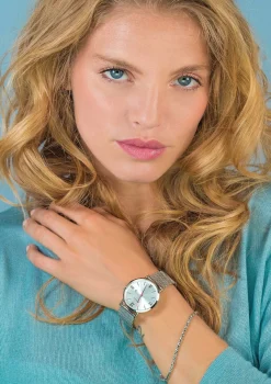 ZINZI Roman horloge zilvergekleurde wijzerplaat en kast stalen mesh band 34mm extra dun ZIW502M