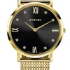 ZINZI Roman horloge zwarte wijzerplaat, witte zirconia's bij uuraanduiding, goudkleurige stalen mesh band 34mm ZIW543M
