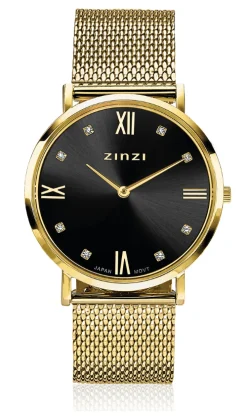ZINZI Roman horloge zwarte wijzerplaat, witte zirconia's bij uuraanduiding, goudkleurige stalen mesh band 34mm ZIW543M