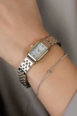 ZINZI Small Elegance bicolor horloge zilverkleurige sunray wijzerplaat en rechthoekige kast stalen bicolor schakelband 22mm extra dun ZIW2833