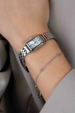 ZINZI Small Elegance horloge zilverkleurige sunray wijzerplaat en rechthoekige kast stalen schakelband 22mm extra dun ZIW2802