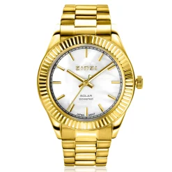 ZINZI Solaris horloge met witte parelmoer wijzerplaat, stalen geelgoudkleurige kast 35mm en stalen band met clip-sluiting. Het Japanse uurwerk loopt op zon- en kunstlicht ZIW2134