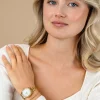 ZINZI Tresor horloge 32mm bezet met witte zirkonia's, parelmoer wijzerplaat en goudkleurige stalen kast en schakelband ZIW2434