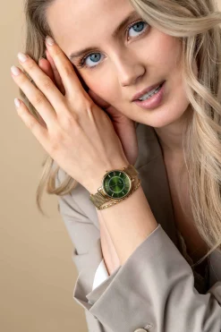 ZINZI Twenty horloge met groene wijzerplaat, geelgoudkleurige stalen kast 34mm en stalen meshband ZIW2054