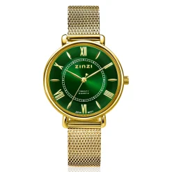 ZINZI Twenty horloge met groene wijzerplaat, geelgoudkleurige stalen kast 34mm en stalen meshband ZIW2054
