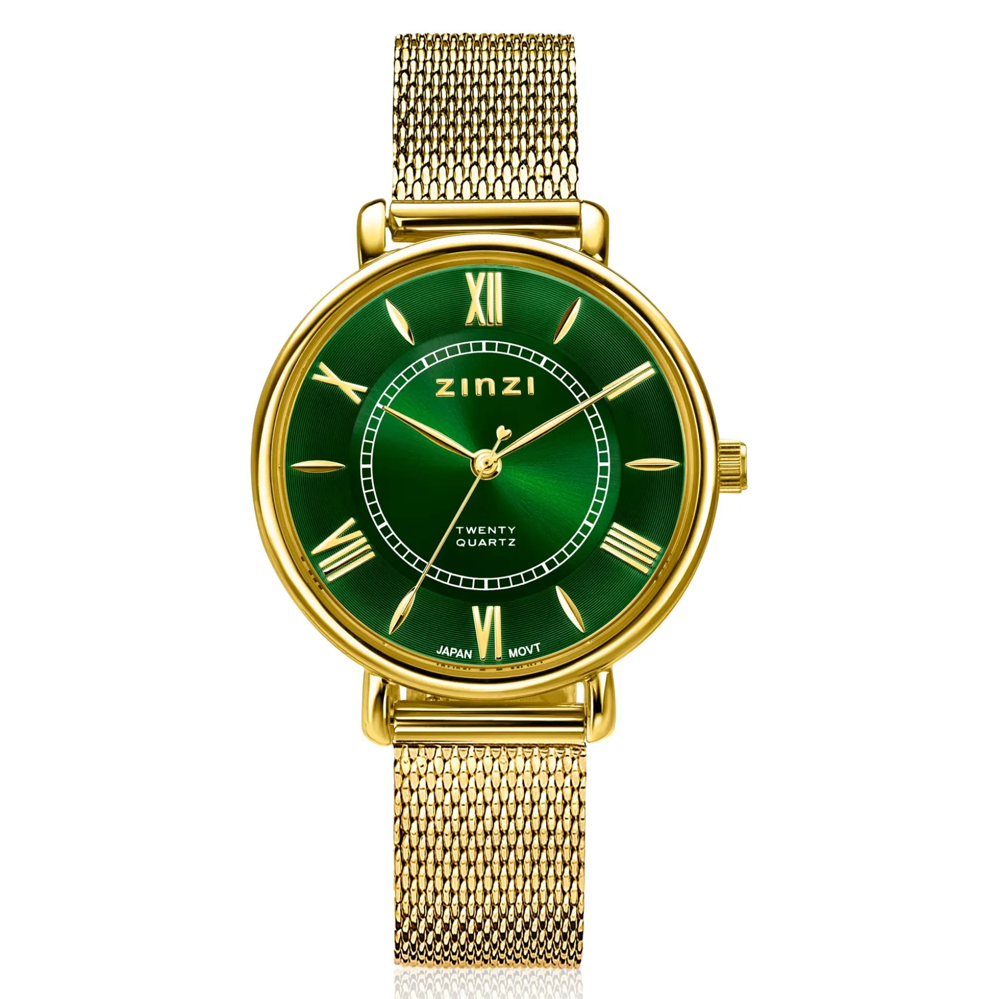 ZINZI Twenty horloge met groene wijzerplaat, geelgoudkleurige stalen kast 34mm en stalen meshband ZIW2054