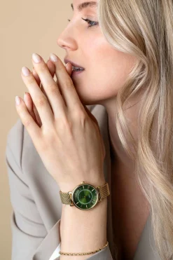 ZINZI Twenty horloge met groene wijzerplaat, geelgoudkleurige stalen kast 34mm en stalen meshband ZIW2054