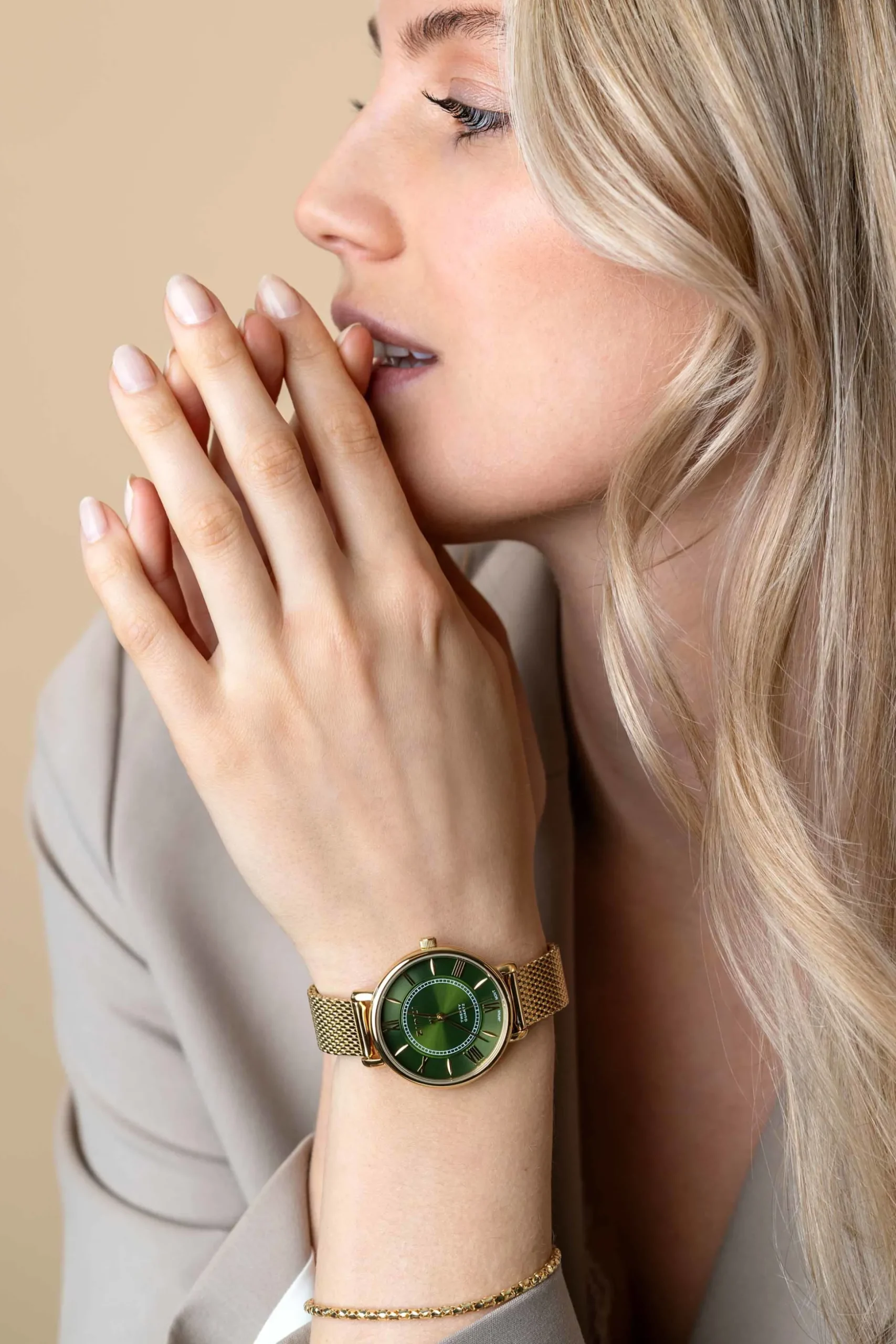 ZINZI Twenty horloge met groene wijzerplaat, geelgoudkleurige stalen kast 34mm en stalen meshband ZIW2054