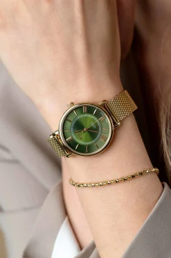 ZINZI Twenty horloge met groene wijzerplaat, geelgoudkleurige stalen kast 34mm en stalen meshband ZIW2054