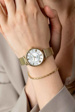 ZINZI Twenty horloge met zilverkleurige wijzerplaat, geelgoudkleurige kast 34mm en stalen meshband ZIW2033
