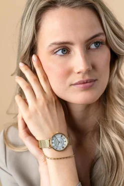 ZINZI Twenty horloge met zilverkleurige wijzerplaat, geelgoudkleurige kast 34mm en stalen meshband ZIW2033