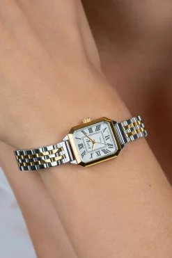ZINZI Vintage horloge 24mm achthoekige geelgoudkleurige kast, witte wijzerplaat, bicolor stalen band en Japans uurwerk ZIW2607