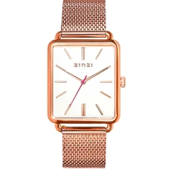 ZINZI Vintage Retro horloge witte wijzerplaat en rechthoekige roségoudkleurige kast stalen mesh band 34mm extra dun ZIW908M