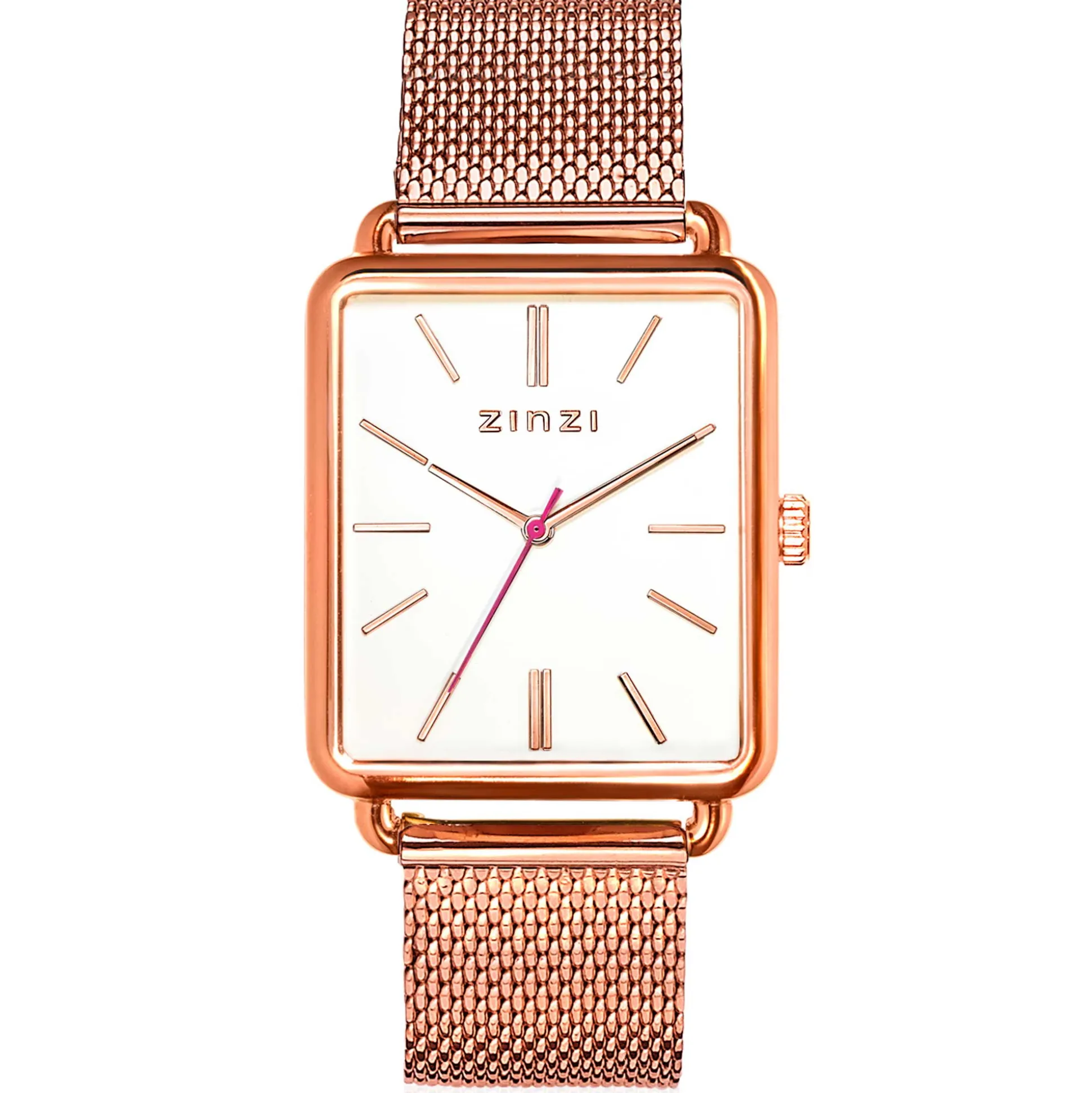 ZINZI Vintage Retro horloge witte wijzerplaat en rechthoekige roségoudkleurige kast stalen mesh band 34mm extra dun ZIW908M