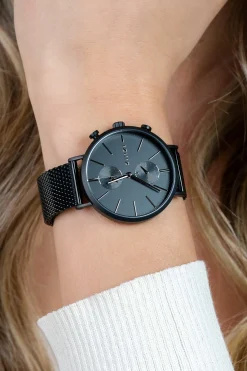 ZINZI watch Traveller black zwarte wijzerplaat, zwarte stalen kast zwarte mesh band 39mm dual time ZIW750M