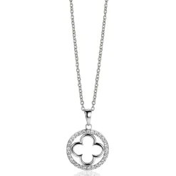 ZINZI zilveren anker ketting met luxe klaver hanger (15mm) rondom bezet met witte zirconia's 45-48cm ZIC2617