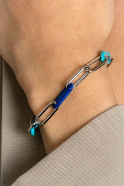 ZINZI zilveren armband met paperclip-schakels en trendy schakels in turquoise en lapisblauw 19cm ZIA2456