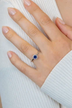 ZINZI zilveren entourage ring bezet met witte zirkonia's en saffierblauwe kleursteen ZIR2697B
