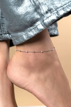ZINZI zilveren fantasie enkelband met 7 roze donuts en glanzende bolletjes 23-27cm ZIE2510