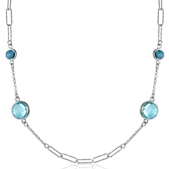 ZINZI zilveren fantasie ketting met paperclip schakels en vier ronde zettingen bezet met licht blauwe en indigo blauwe kleurstenen 40-45cm ZIC2418