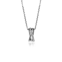 ZINZI zilveren ketting 42–45cm met luxe cross-over hanger (16mm) bezet met witte zirkonia's ZIC1790