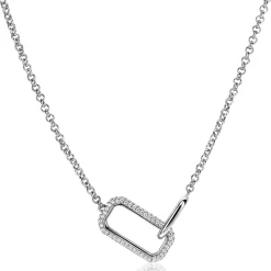 ZINZI zilveren ketting met twee verbonden schakels: een rechthoekige bezet met witte zirconia's en een gladde ovale schakel 40-45cm ZIC2551