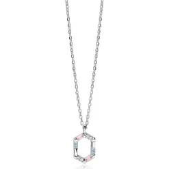 ZINZI zilveren ketting met zeshoekige hanger (18mm) bezet met witte, roze en lichtblauwe kleurstenen 42-45cm ZIC2868