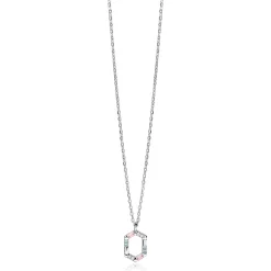 ZINZI zilveren ketting met zeshoekige hanger (18mm) bezet met witte, roze en lichtblauwe kleurstenen 42-45cm ZIC2868