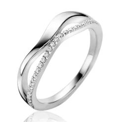 ZINZI zilveren multilook ring (6mm breed) organisch gevormd met twee golvende banen, waarvan één bezet met witte zirconia's ZIR2629