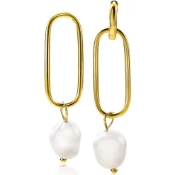 ZINZI zilveren oorbedels 14K geel verguld 43mm ovaal witte parel ZICH2188G (zonder oorringen)