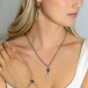 ZINZI zilveren  ovale schakel ketting 45cm met luxe hanger met ovale schakel, bezet met witte zirconia's. En groenachtig blauwe (petrol) kleursteen in vierpootszetting ZIC2487