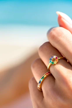 ZINZI zilveren ring 14K geel verguld 8,5mm bezet regenboog ZIR2172