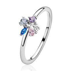 ZINZI zilveren ring met een speelse combinatie van witte, roze, paarse en blauwe kleurstenen in verschillende slijpvormen ZIR2866