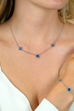 ZINZI zilveren schakelketting met twee lichtblauwe klavers en een donkerblauwe klaver 42-45cm ZIC2663B