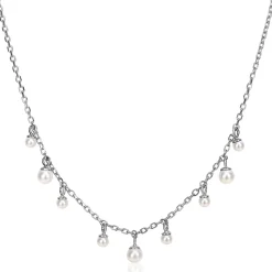 ZINZI zilveren schakelketting met negen ronde witte glasparels in verschillende groottes, speels verdeeld over de ketting 40-45cm ZIC2623