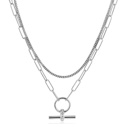 ZINZI zilveren schakel ketting 50cm met multilook: combinatie van gourmet en paperclip schakels en trendy T-bar bezet met witte zirconia's ZIC2462