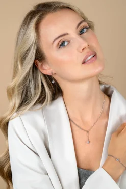 ZINZI zilveren Y-collier met subtiele schakels, bungelend witte ronde zirkonia 42-45cm ZIC2660
